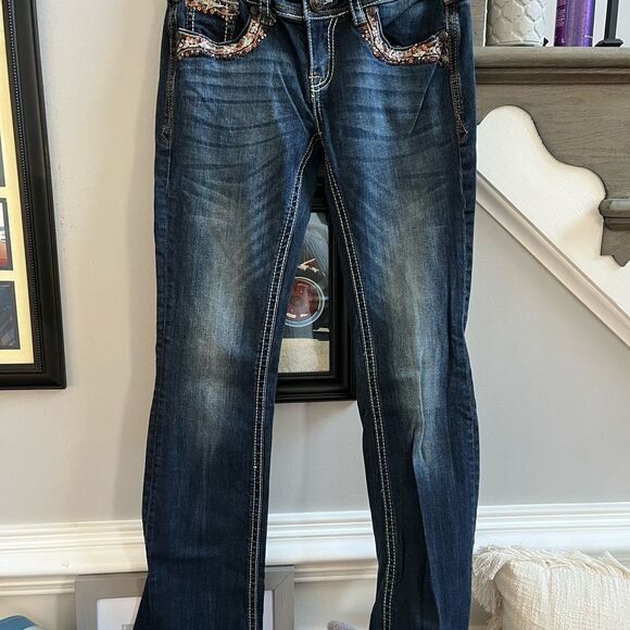 Grace In LA Bronze Embellished Flap Pocket Boot Cut Jeans sz 28 EUC - Picture 4 of 5